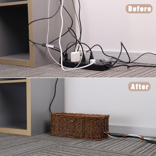 Cable Management Box, Cord Organizer with Lid & Cable Ties - Brown, L