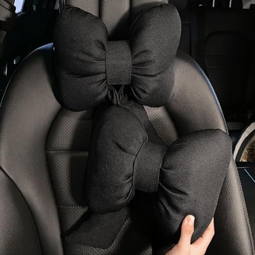 2PCS Chic Car Headrests with Bow-Shaped Cotton Linen Bowknot Neck Pillows for Cozy Road Trip & Cute Interior Decoration (Black)