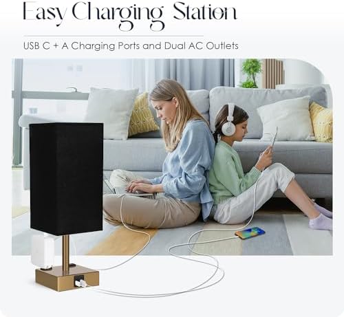 Bedside Lamp with USB Ports - Touch Control Table Lamp for Bedroom with USB C+A Charging Ports & AC Outlets, 3 Way Dimmable Nightstand Light for Living Room (LED Bulb Included, Brass - Black)