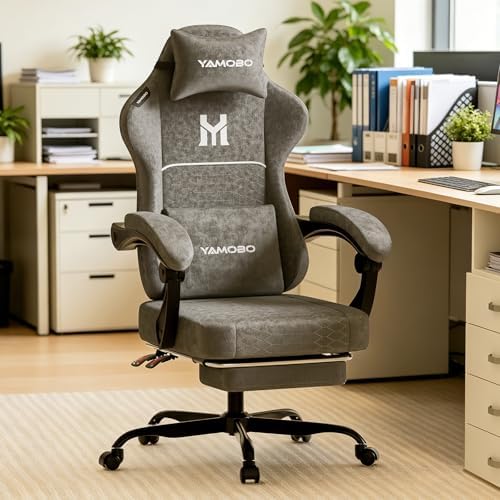 Gaming Chair with Footrest, Ergonomic Computer Chair with Lumbar & Headrest Support for Adults, High Back Office Desk Chair with 360°Swivel Wheels for Game and Work, Breathable Fabric，Grey