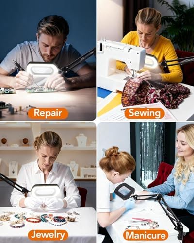 10X 30X Magnifying Glass with Light, Magnifying Lamp with Real Glass Square Lens, Stepless Dimming & 5 Color Modes, Magnifying Glass for Close Work, Crafts, Sewing, Repair & Reading