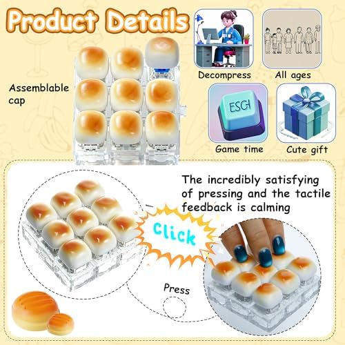 Bread Shape Keyboard Fidget Toy, Keyboard Fidget Keychain 9-in-1 Keyboard Decompression Button Finger Clicker Toys, Cute Click Buttons Fidget Toy ADHD Sensory Fidget Toys Stress Relief Gifts(YB)