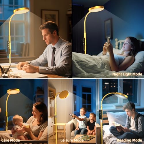 PACOVY Floor Lamp, Adjustable Height Floor Lamps for Living Room Bedroom, 120 LED Super Bright Standing Lamp Remote & Touch Control Dimmable Gooseneck Tall Stand Reading Lamp for Office Craft, Gold