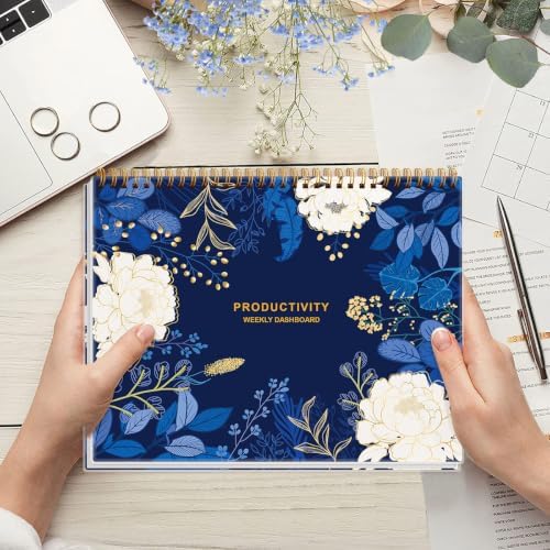 Weekly Productivity Dashboard - 8.5" x 11" Dashboard Desk Notepad Has 6 Focus Areas to List Tasks for Goals, Projects, Clients, Academic or Meal-Organize Your Daily Work Efficiently, 54 Weeks, Blue Leaf Flower