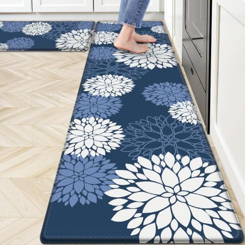 Kitchen Mats 2 Piece Set, Anti Fatigue Non Slip Cushioned Floor Rugs, Blue