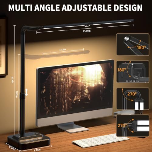 SIBRILLE LED Desk Lamp, Ultra Wide Computer Light, Dimmable Desk Light with USB Fast Charging, Adjustable Foldable Eye Caring Office Desk Lamp for Monitor Work Gaming Home Study