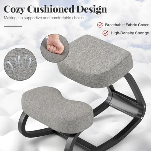 Giantex Ergonomic Kneeling Desk Chair, Upright Posture Chair with Cushion & Solid Wood Frame, Natural Relief for Neck or Back Pain, Wooden Knee Chair for Home Office (2)