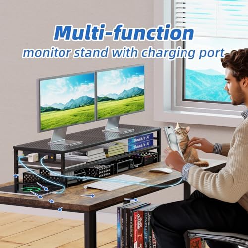 Simple Trending 2-Tier Metal Dual Monitor Stand with USB & 2 Drawers, Black