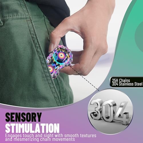 Metal Fidget Spinner Toys for Teens Boys Adults Bike Chain Roller Gadgets ADHD Figette Anxiety Stress Relief Items Quiet Figet Desk Offices EDC Men Easter Basket Stuffer - Rainbow+Silver