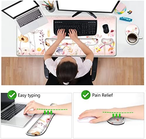 AIMSA Keyboard Mouse Pad Wrist Rest, Extended Gaming Mouse Pad +Wrist Support, Ergonomic Memory Foam,XXL Large Mousepad Easy Typing Pain Relief, 4Pcs (35×15.7 in) Desk Mat, Pink Flowers