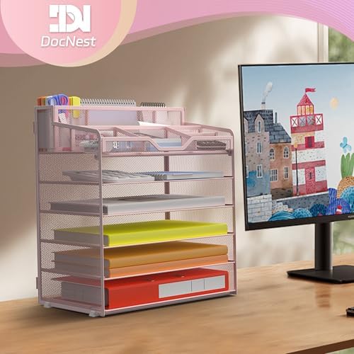 Docnest 6 Tier Mesh Desk Organizer with Letter Tray & Paper Sorter, Pink