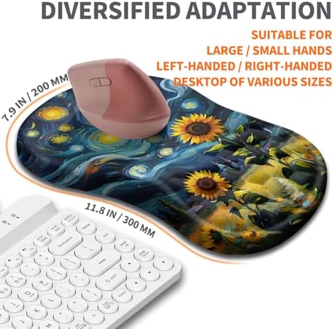Ergonomic Joint Wrist Support Mouse Pad with Memory Foam Cushion Massage Bump, Carpal Tunnel Pain Relief Mousepad Slope Design for Wrist Rest, 11.8x7.9 in, Sunflower
