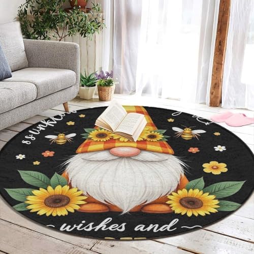 Large Machine Washable Circular Rugs, Home Decor Round Mat for Living Room Sofa Office Sunflower Gnome