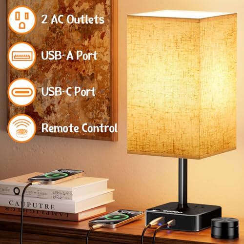 Bedroom Nightstand Lamp with Charger, Touch Table Lamps with Remote Control