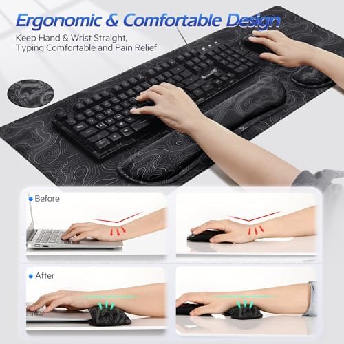 Gimars 4 in 1 Mouse Pad and Keyboard Wrist Rest Set, Large Mouse Pad with Memory Foam Wrist Support Pad for Desk with Coaster, Easy Typing Pain Relief, Gaming Office Home 31.5x12 in, Topographic Map