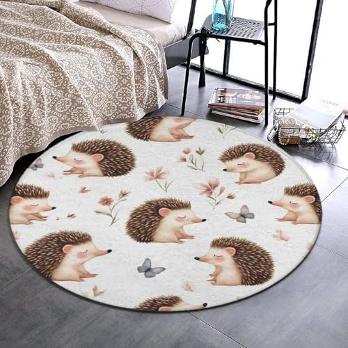 Fashion Round Area Rug Large Non Slip Carpet Unisex Home Decor Mat Cute Animal Hedgehog