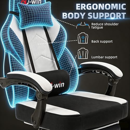 Shintenchi Big and Tall Gaming Chair Fabric Pocket Spring Cushion,High Back Recliner with Footrest and Headrest for Adults, Massage Lumbar Support for Home Office, Ergonomic Computer Desk Chair, Black