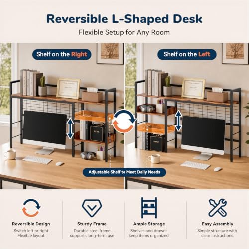 Desk Shelf, 44.9" Desk Hutch with Pegboard Hooks Set, Rustic Brown