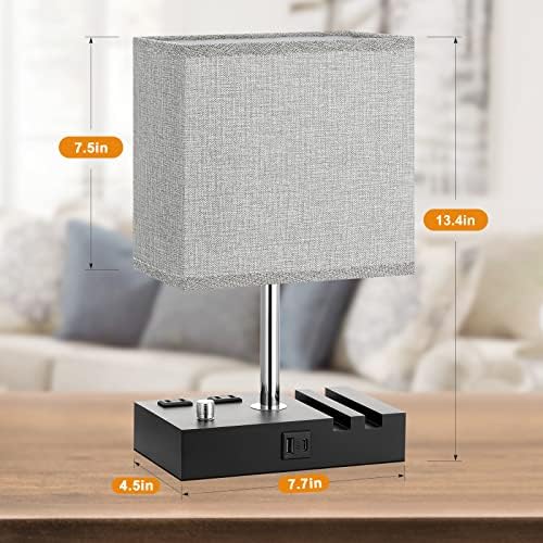 Kakanuo Grey Bedside Table Lamps Set of 2 - Dimmable, USB C+A, 2 AC Outlets