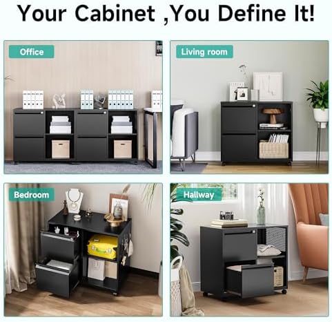 SISESOL 2 Drawer File Cabinet with Lock and Shelf,Mobile Lateral Filing Cabinet,Metal Filing Cabinets with Open Storage Shelves Organizer for Home Office Fit Legal/Letter A4 Size (Black)