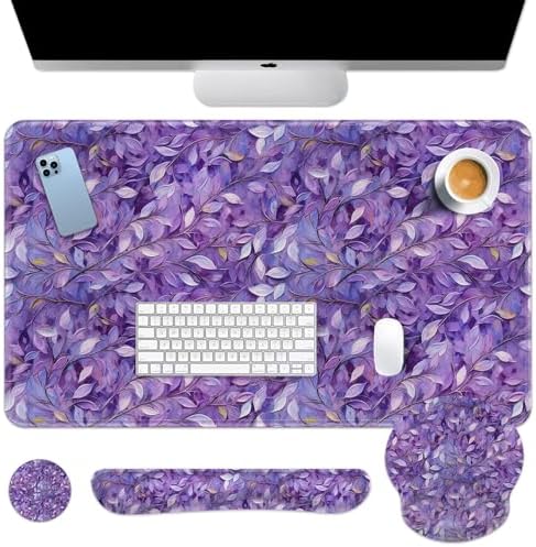 Britimes Keyboard Mouse Pad Set, 4 in 1 Desk Mat Set, Purple Leaves Oil