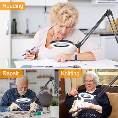 12X Large Magnifying Glass with Light and Clamp, Real Glass, 5 Color Modes, Stepless Dimmable, 2 x 16 Inch Adjustable Swing Arm Stand Desk Lamp, LED Lighted Magnifier Hands Free for Close Work, Hobby