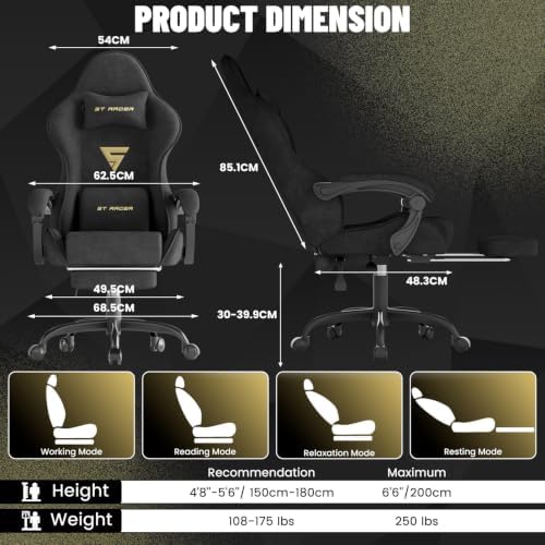 Ferghana Ergonomic Velvet Gaming Chair with Massage, Footrest & Reclining High Back, Racing Style Computer Desk Chair for Adults, Home Office Use, Black