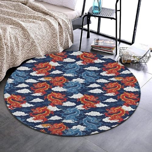 Fashion Round Area Rug Large Non Slip Carpet, Cool Japanes Dragons Unisex Home Decor Mat, 36inch