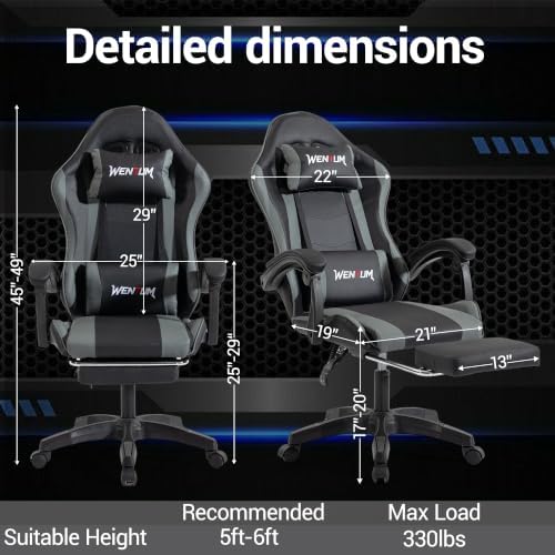 Ergonomic Gaming Chair with Footrest, Grey Black Video Game Chair w/Adjustable Headrest & Lumbar Support for Adults Kids, 360° Swivel for Home Office Bedroom Gaming Room, Grey&Black