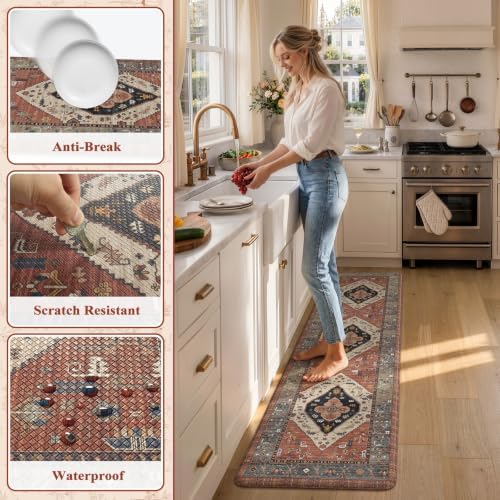 KIMODE Kitchen Mats Cushioned Anti Fatigue, Red Boho Vintage Kitchen Rugs