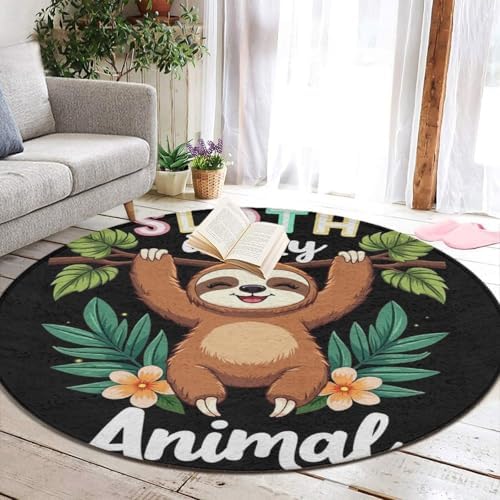 Soft Round Yoga Carpet, Large Home Decor Mat, Non Slip Machine Washable Kitchen Office Circle Rug Sloth Spirit