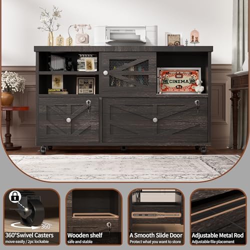 Gray Lateral File Cabinet with Lock, 2 Drawer Rolling Filing Cabinet for Home Office, Mobile Storage Cabinet with Open Shelves & Sliding Door, Fits Legal/Letter/A4 Files, Herringbone Design