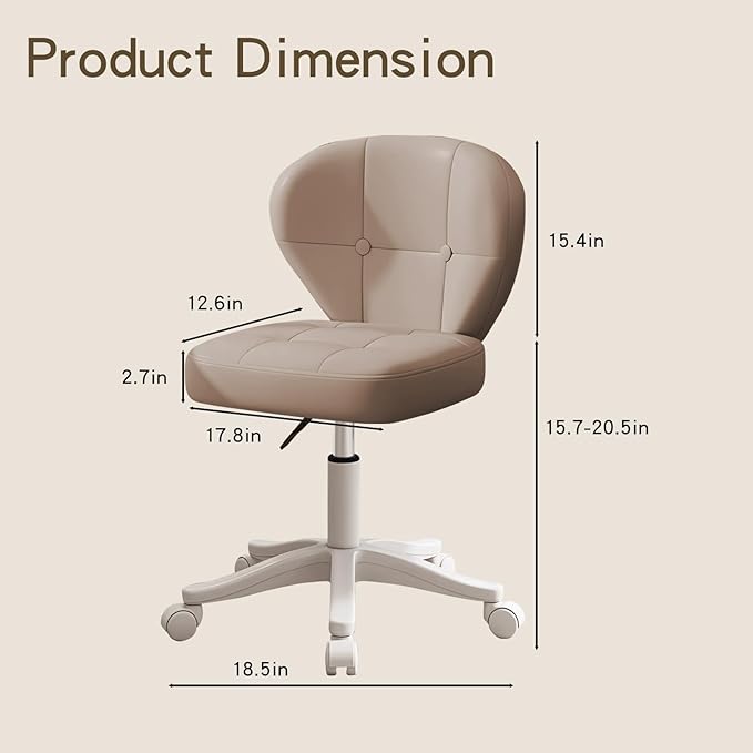 Vanity Chair with Back – Small Armless Office Chair with Wheels, Lumbar Support, PU Leather, Adjustable Height, 360° Swivel for Home, Bedroom, Office Khaki Set of 2