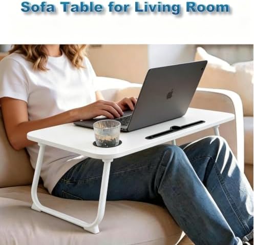 27.6" Home Office Folding Lap Desk with Drawer, Tablet Slot, Cup Holder - Fits up to 18 Inch Laptops, Bed Desk for Reading, Writing, Eating, Portable Laptop Table for Sofa, Coach, Floor (White)