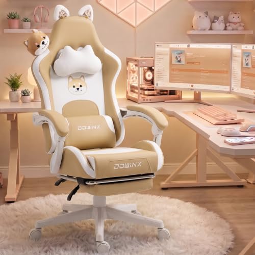 Dowinx Gaming Chair with Cat Ears and Massage Lumbar Support, Ergonomic Computer Chair with Footrest and Headrest, Comfortable Reclining Game Chair 290lbs for Adults, Brown