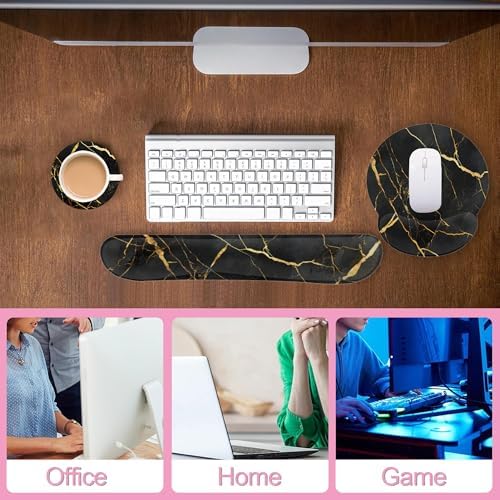 Golden Black Flowing Marble Mouse Pad with Wrist Rest and Keyboard Wrist Rest Set, Non-Slip Rubber Base Memory Foam Mouse Pad Set for Women, Office Desk Accessories, Gaming