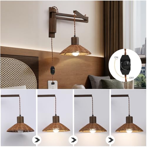 maesta Plug in Wall Lamp, Wood Swing Arm Wall Sconce for Bedroom