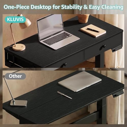KLUVIS Black Sit Stand Desk with Drawers, 32 Inch Electric Standing Desk with Storage, Small Space Stand Up Computer Desks for Home Office Bedroom, Study Writing Desks for Walking Pad
