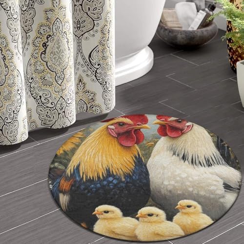 Machine Washable Modern Round Area Rug, Room Sofa Yoga Soft Round Carpet, Home Decor Non Slip Kitchen Office Circle Rug Chicken Rooster Garden Flowers Painting, 60inch