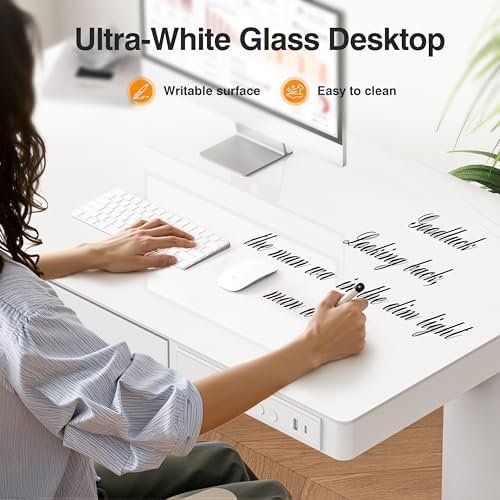 Monomi 35x20" Glass Electric Standing Desk with Drawer and Wheels, White