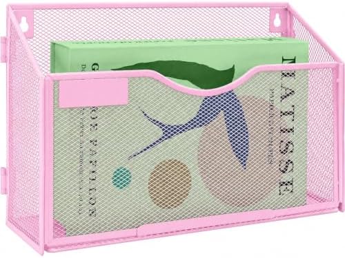 1 Tier A4 Mesh in Tray Hanging Wall File Holder Magazine Document Holder Mail Organiser Magazine Storage Rack,Durable Metal Mesh Filing Storage, Pink