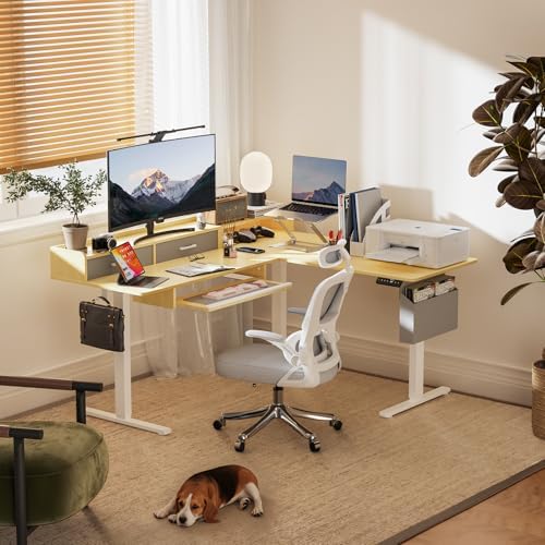 WALKINGDESK 63 Inches L Shaped Standing Desk with Keyboard Tray and 2 Drawers, L Shaped Electric Standing Desk, Adjustable L Shaped Office Desk,Corner Standing Desk for Home Office, Oak