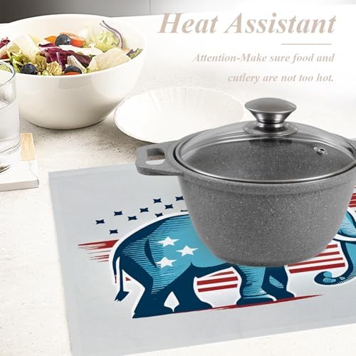 Shrahala American Flag Set of 8 12 X 18 Inch Linen Placemats, Stars and Stripes Elephant Burlap Table Mat Washable Double Layered Heat Insulation for Indoor/Outdoor
