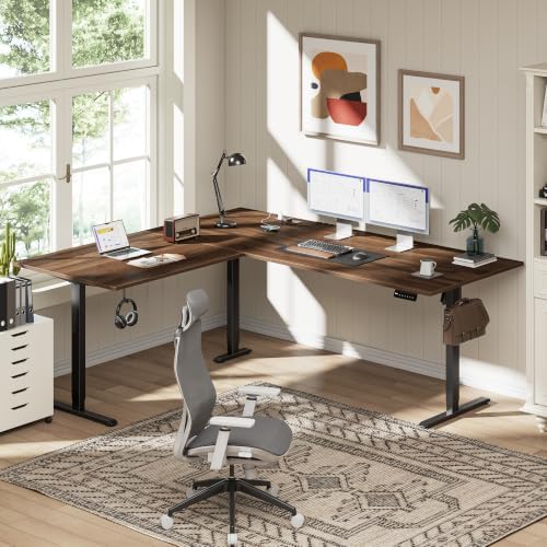 75x61 Inch L Shaped Electric Standing Desk, Corner Workstation, Dark Walnut