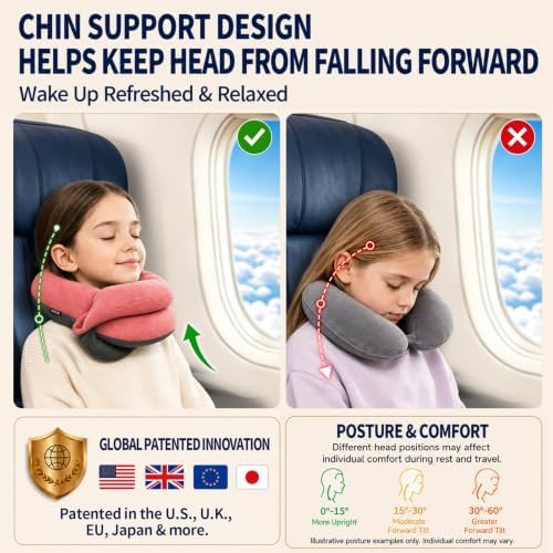 BUYUE Kids Travel Pillows for Airplane, Memory Foam 360° Head Support Sleeping Essentials for Girls Long Flight, Skin-Friendly Soft Neck Pillow for Traveling in Car Seat, (Small, Pink Grey, 40-90 lbs)