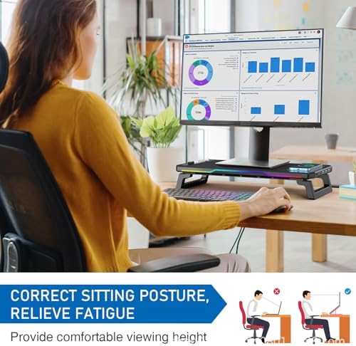 Monitor Stand Riser with USB 3.0 Hub & Type-C Port, 15W Fast Wireless Charging & RGB Lighting, Desk Organizer for Home Office PC iMac 27 Inch (Black)