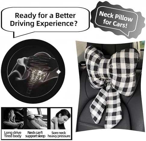 2PCS Chic Car Headrests with Bow-Shaped Cotton Linen Bowknot Neck Pillows for Cozy Road Trip & Cute Interior Decoration (Black Plaid)