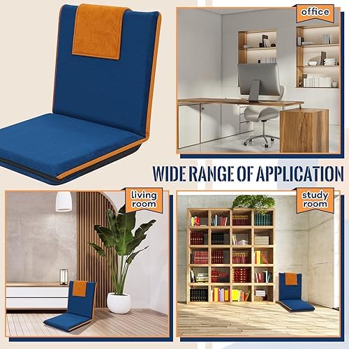 2 Pcs Floor Chair with Back Support Padded Floor Seating Portable Floor Seat Meditation Cushion Adjustable Fully Folding Backrest for Adult Kid Gaming Linen Washable Cover, Nylon Bottom (Blue, Khaki)
