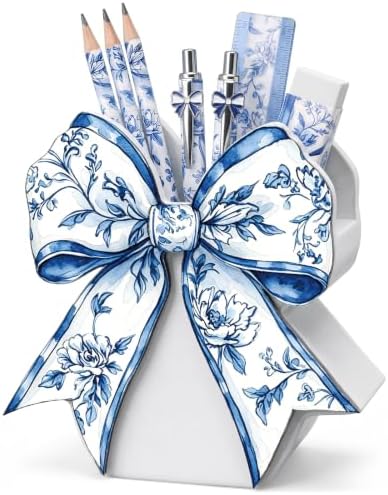Tenceur Chinoiserie bow Pencil Holder for Desk Large Capacity Bow Wood Pen Holder Coquette Desk Organizer Cute Teacher Office Decor Makeup Brush School Supplies Back to School Gift for Girls Women