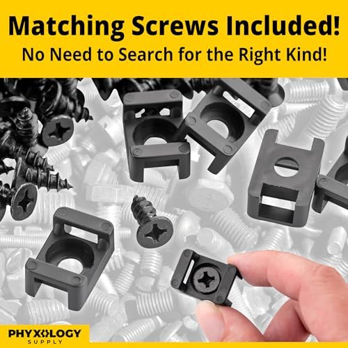 Pro-Grade, Slim, 1x .6 Cable Tie Mounts With Screws 100 Pack. High Strength, Black Zip Tie Bases For Wire Management. Permanently Anchor To Wall, Desk or Baseboard. Run Cords at Your Home or Office